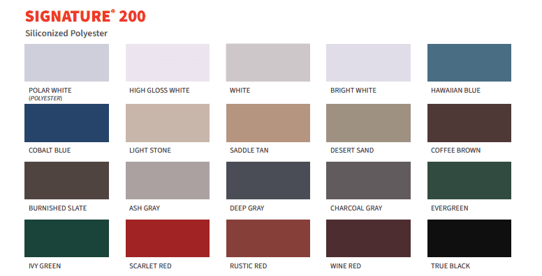 Signature® 200 metal building color chart displaying 24 silicone polyester paint options including Polar White, Charcoal Gray, Burnished Slate, Cobalt Blue, and Rustic Red